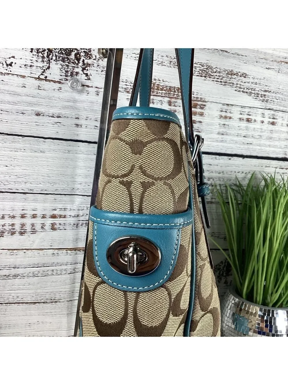 Coach Y2K Signature Gallery Shoulder Bag Teal Blue Tan Brown‎ Tote Leather Lapto
